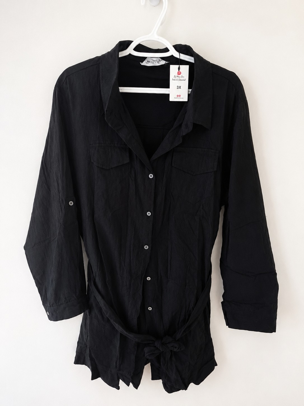 Women's Black Button-Down Shirt with Tie Waist
